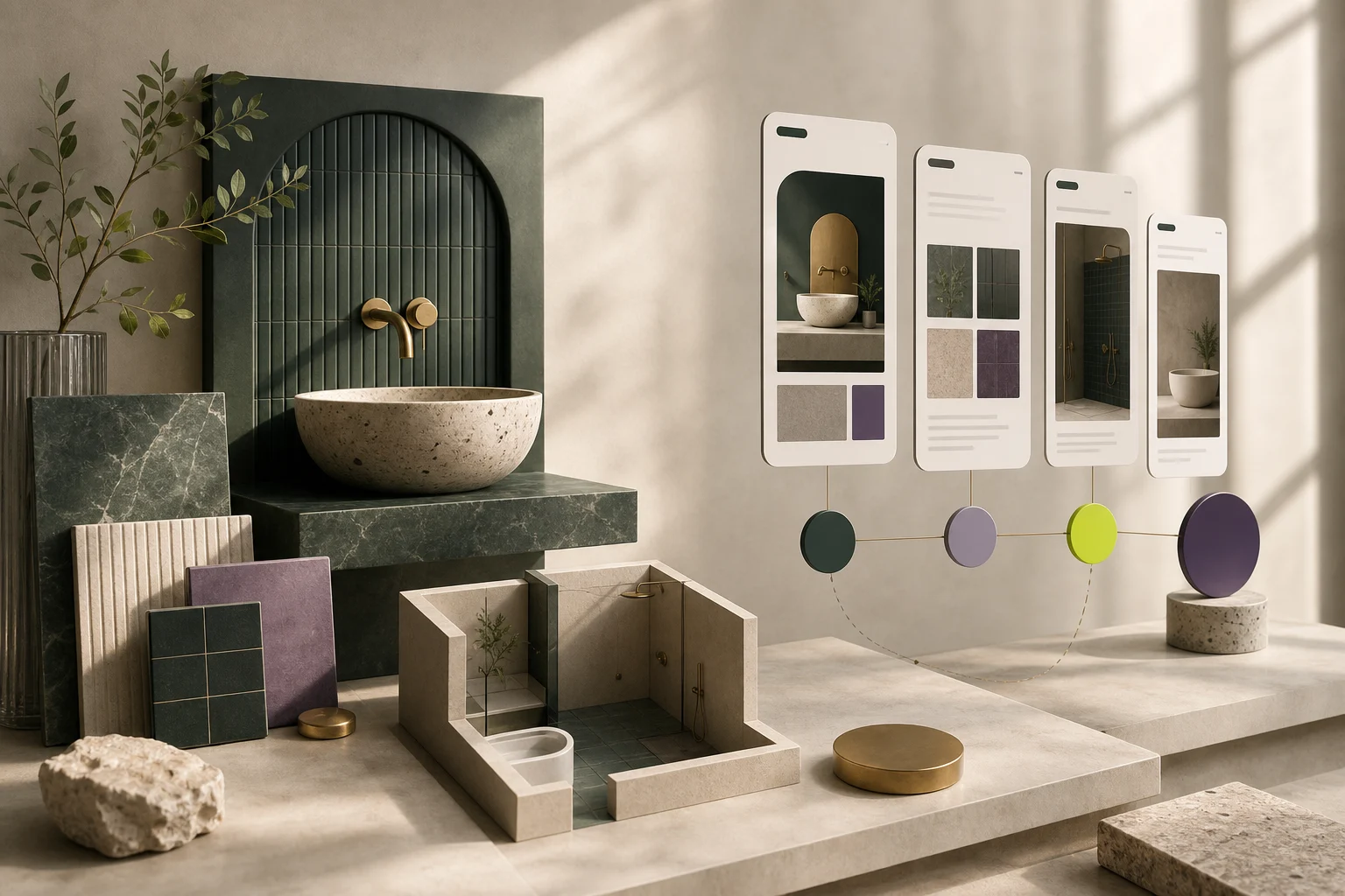 Editorial illustration of bathroom materials, mobile website screens and a consultation pathway