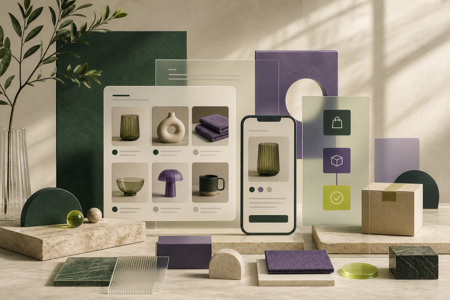 Editorial illustration of an e-commerce catalogue, mobile storefront and checkout workflow