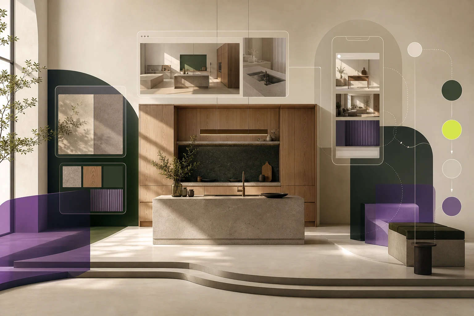 Editorial illustration of a kitchen showroom website, mobile gallery and consultation journey