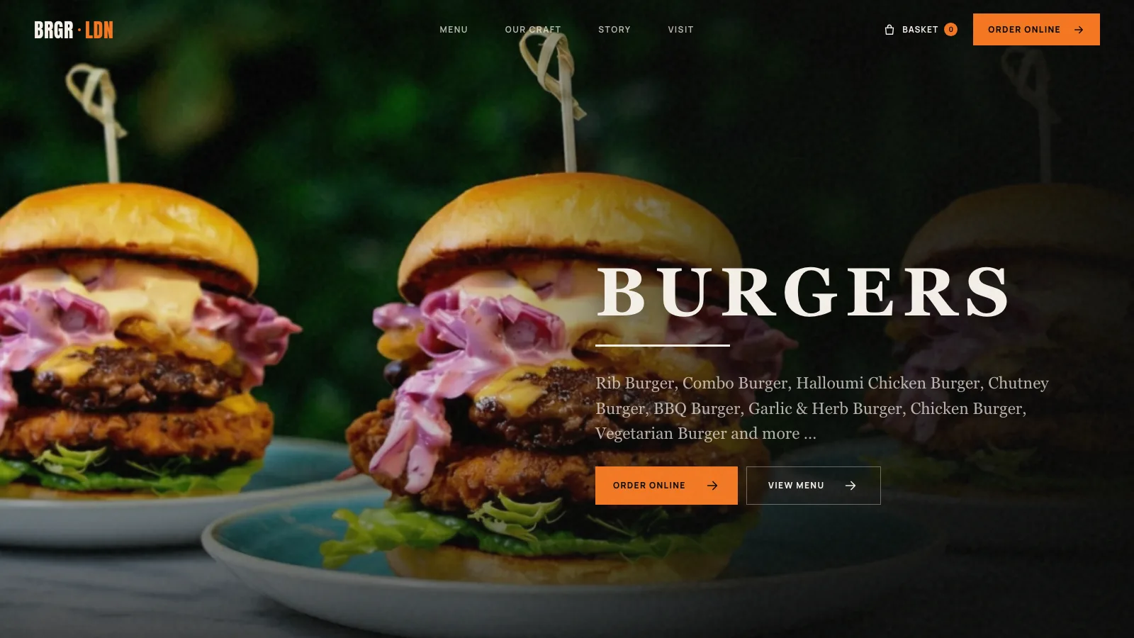 BRGR LDN restaurant website with menu and ordering interface